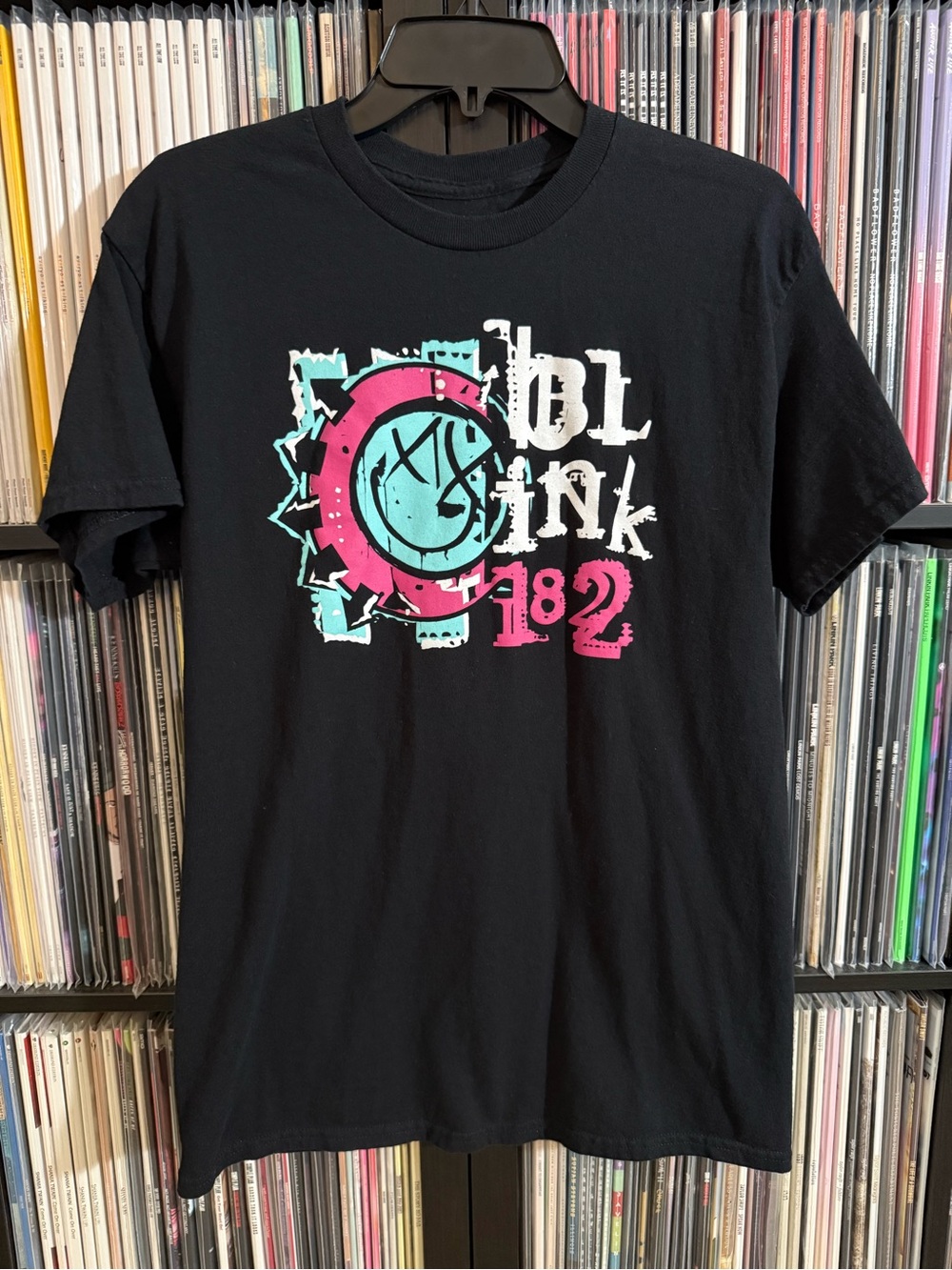 Black Blink-182 Graphic Tee with Pink & Teal Logo
